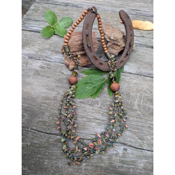 Southwestern Unakite Necklace, Vintage Pink and Green Stone Necklace - Picture 1 of 10